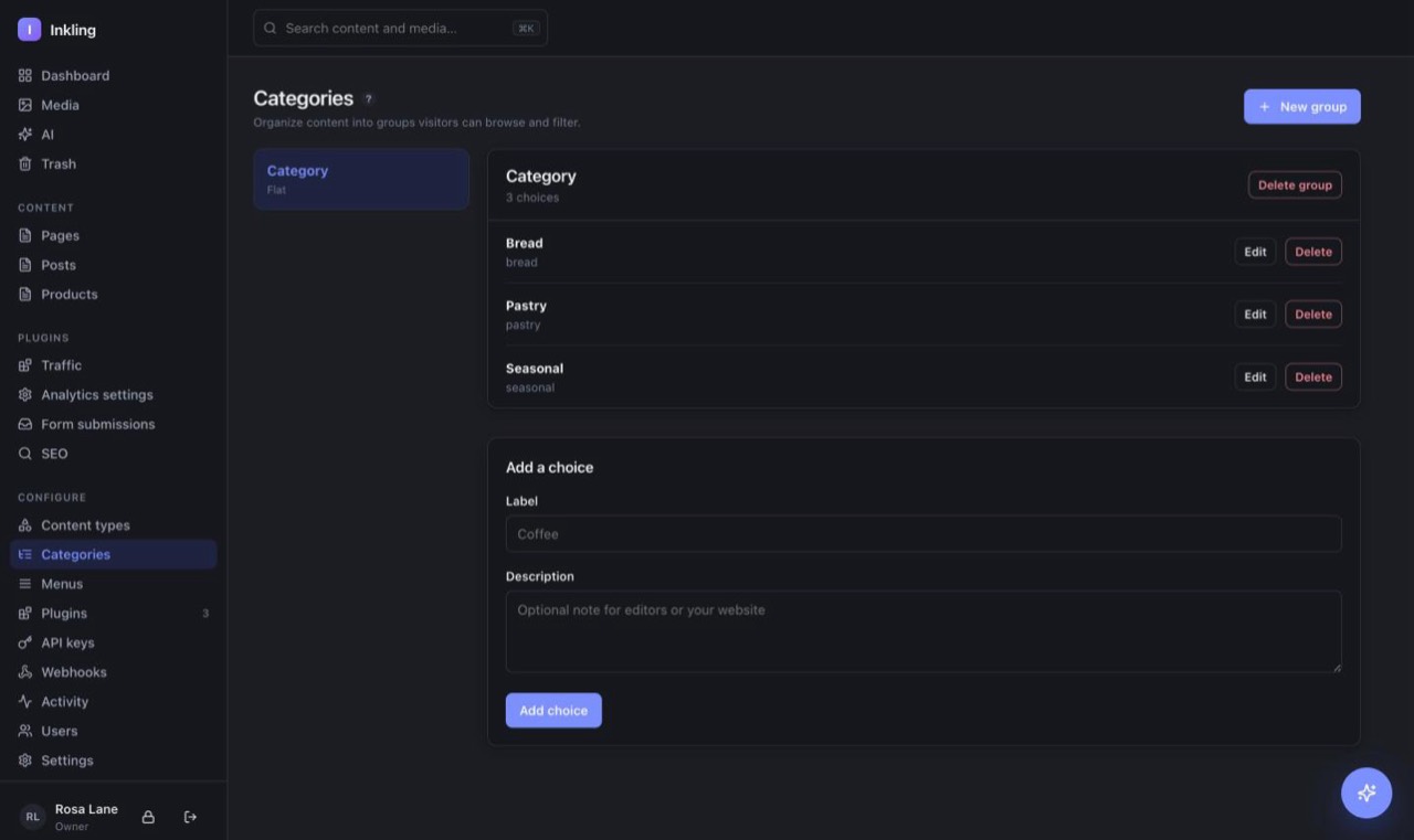 The categories screen in Inkling