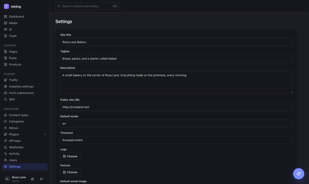 The site settings screen in Inkling